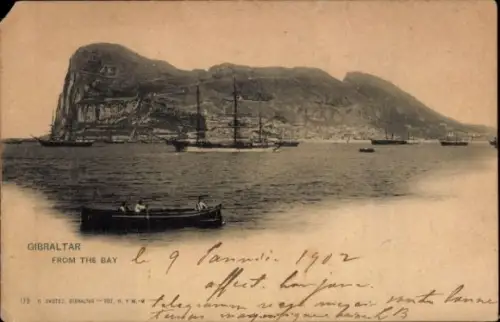 Ak Gibraltar, Blick auf  Meer, Schiffe, Boot, Felsen