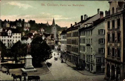 Ak St. Gallen Stadt Schweiz,  Marktplatz, Gebäude, Statue, Straßenansicht