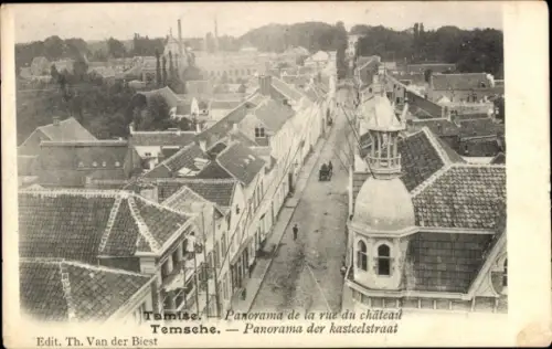 Ak Tamise Temse Temsche Ostflandern, Panorama der Straße, Häuser, Schloss, 