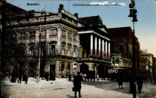 Ak Wrocław Breslau Schlesien, Schweidnitzerstraße, Stadttheater, historische Architektur, bunt...