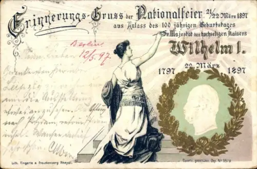 Präge Litho Nationalfeier 1897, 100-jähriger Geburtstag Kaiser Wilhelm I, 1797-1897