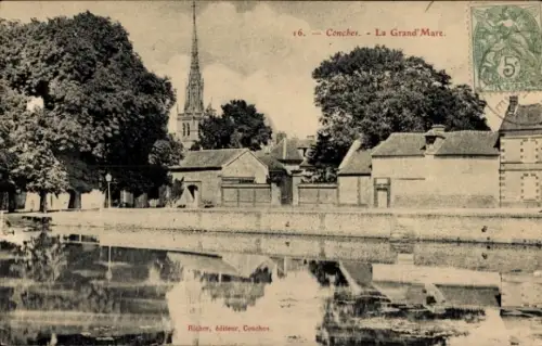 Ak Conches en Ouche Eure, Historische Gebäude, Kirche, Wasserfläche, Bäume, nmotiv