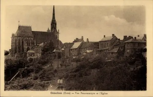 Ak Conches en Ouche Eure, Panoramablick, Kirche im Vordergrund, alte Gebäude