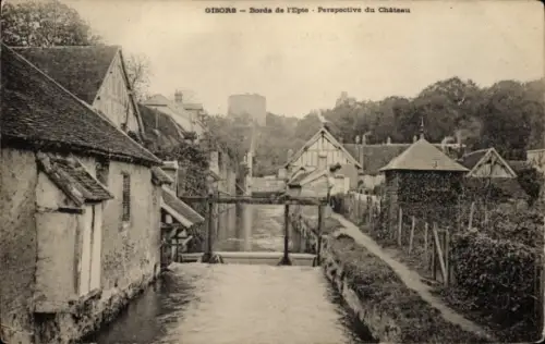 Ak Gisors Eure, Blick auf das Wasser, Häuser, schmale Strasse, Schloss im Hintergrund