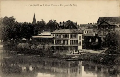 Ak Chatou Yvelines, Stadtansicht, Wohngebäude, Fluss, Brücke, Bäume, Dächer