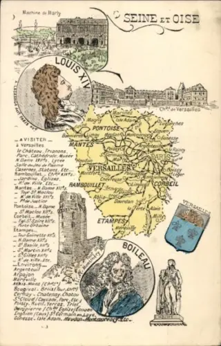 Ak Versailles Yvelines, Karte von Seine und Oise, Sehenswürdigkeiten, Louis XIV, Boileau,  Orte