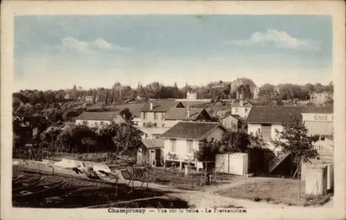 Ak Champrosay Essonne, Panorama über die Seine, Häuser, Café, Garten, Landschaft