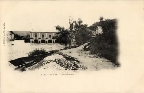 Ak Marly le Roi Yvelines, Historische Maschinen, Blick auf die Wasserstraße, Fabrikgebäude