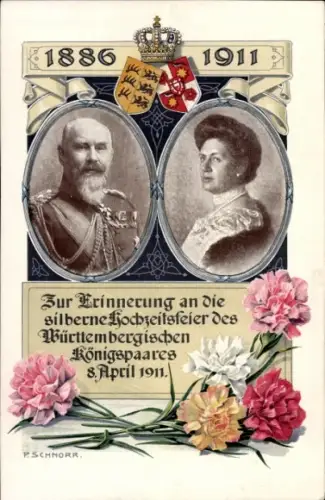 Künstler Ak Schnorr, König Wilhelm II v. Württemberg, Königin Charlotte, Silberhochzeit 1911, Wappen