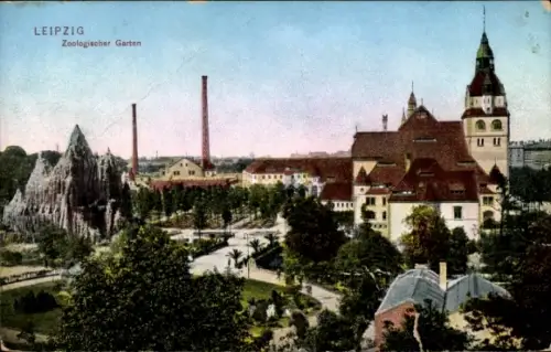 Ak Leipzig, Zoologischer Garten,  Architektur, Berge aus Gestein, blühende Bäume