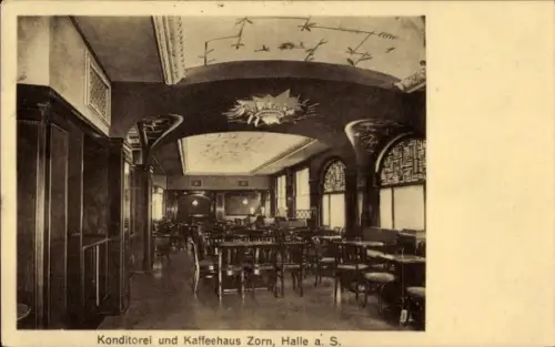 Ak Halle an der Saale, Konditorei und Kaffeehaus Zorn, Innenansicht, Stühle, Tische, Dekoration
