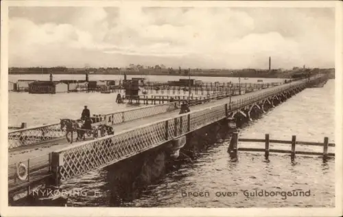 Ak Nykøbing Falster Dänemark, Brücke über Guldborgsund, Pferd und Wagen,  