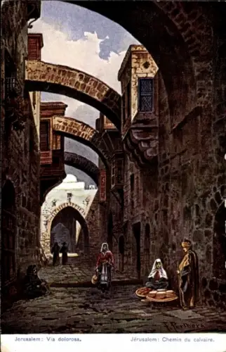 Ak Jerusalem Israel, Hauptstraße Via Dolorosa,  Architektur, Menschen, Stände