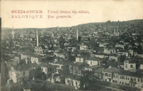 Ak Thessaloniki Griechenland, Blick auf die Stadt, Minarette, Dachlandschaften, griechischer Text