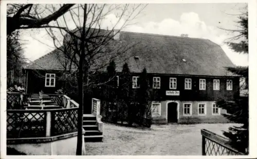 Ak Ohorn in Sachsen, Gaststätte Buschmühle, Holzhaus, Naturbad, Ausflügler, Sommerfrischler