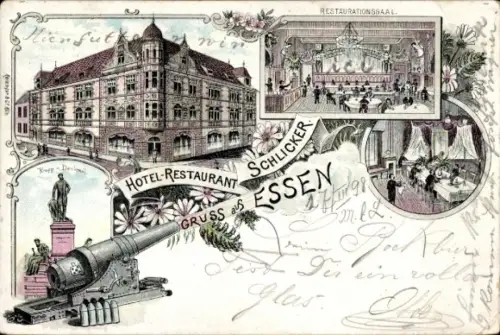 Litho Essen im Ruhrgebiet, Hotel Restaurant Schlicker, Krupp Denkmal