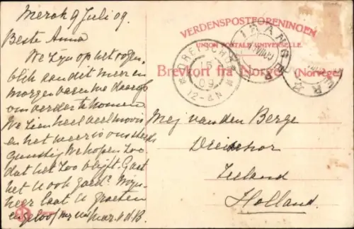 Ak Geirangerfjord Norwegen, Bergige Landschaft, Boot auf dem Wasser, Text: Sandmor. Parti fra Gei