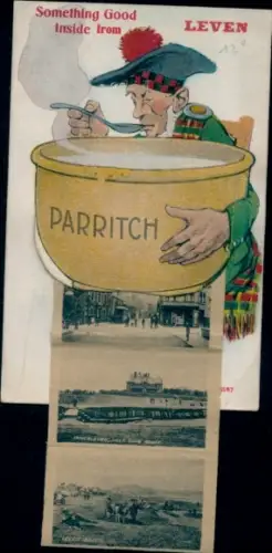 Leporello Ak Leven Schottland, Mann in Tracht, Schüssel mit Porridge, Parritch