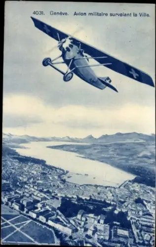 Ak Genève Genf Stadt, Avion Militaire survoiant la Ville