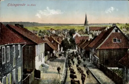 Ak Elbingerode Oberharz am Brocken, Blick auf Elbingerode, Häuser, Kirche, Kühe auf der Straße