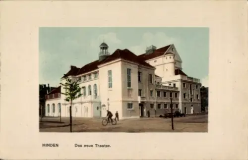 Ak Minden in Westfalen, Das neue Theater, Gebäude, Fahrradfahrer, Auto
