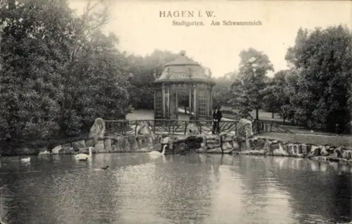 Ak Hagen in Westfalen, Stadtgarten, Schwanenteich, Pavillon, Schwäne