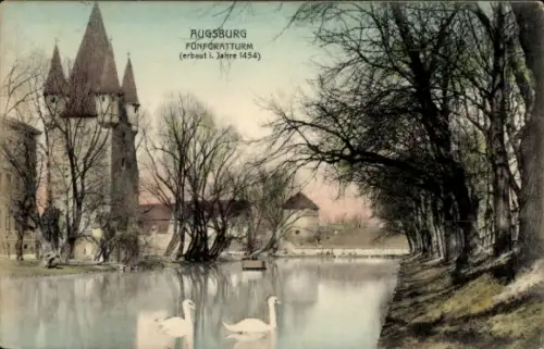 Ak Augsburg in Schwaben, Fünfgratturm, erbaut 1454, Fluss mit Schwänen, Bäume