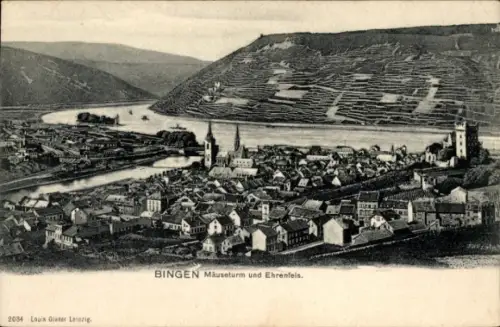 Ak Bingen am Rhein,  Mäuseturm, Ehrenfels, Flusslandschaft,  Stadtansicht