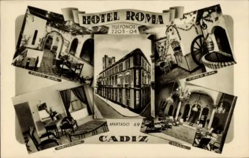 Ak Cádiz Andalusien, Hotel Roma, Telefonnummern, verschiedene Bereiche, typischer Bar, Hall