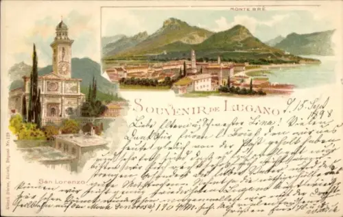 Ak Lugano Kanton Tessin Schweiz, San Lorenzo, Monte Bre, 1898, farbenfrohe Landschaft