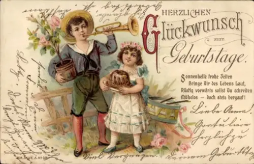 Litho Glückwunsch Geburtstag, Junge mit Trompete, Mädchen mit Napfkuchen, Rosen, Trommel