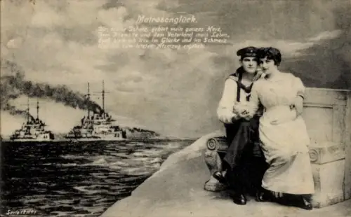 Ak Matrose in Uniform mit Frau, Kriegsschiffe