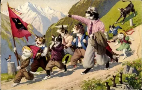 Ak Musikinstrumente spielende und singende Katzen marschieren mit ihrem Lehrer in die Berge