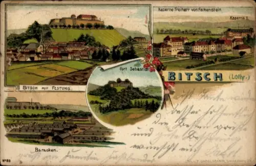 Litho Bitche Bitsch Lothringen Moselle, Festung, Kaserne Freiherr von Falkenstein, Fort Sebastian