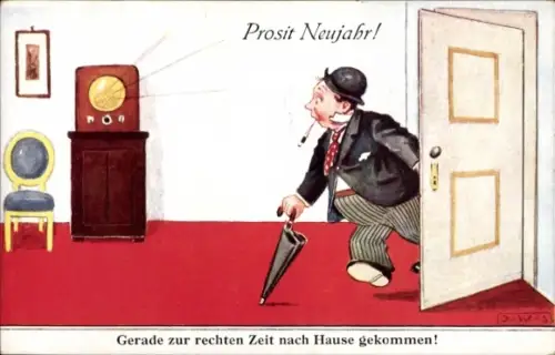 Künstler Ak Wills, John, Betrunkener Mann kommt nach Hause, Radio, Glückwunsch Neujahr