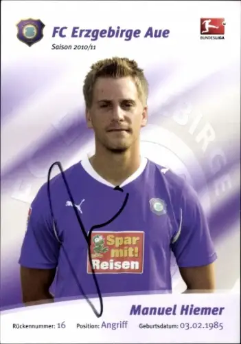 Autogrammkarte Fußballer Manuel Hiemer, FC Erzgebirge Aue, Autogramm