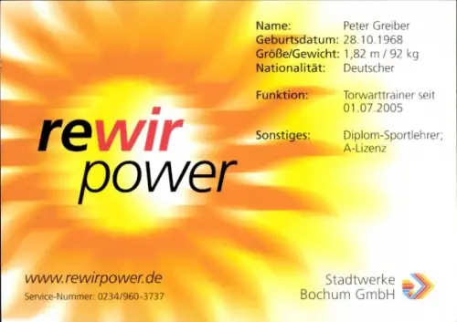 Autogrammkarte Torwarttrainer Peter Greiber, VfL Bochum, Autogramm