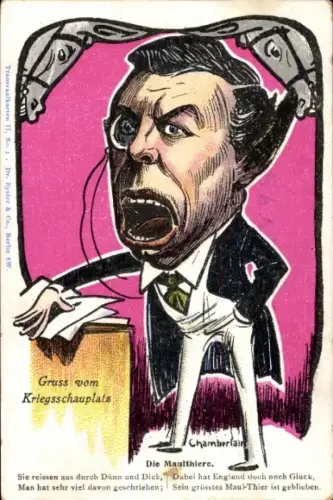 Künstler Ak Gruß vom Kriegsschauplatz, Chamberlain, Die Maulthiere, Burenkrieg, Karikatur