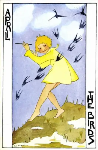 Künstler Ak Cramer, Rie, April, Kind, Schwalben, Allegorie