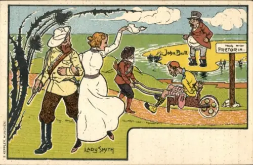 Künstler Ak Südafrika, Lady Smith, Pretoria, John Bull, Ladysmith