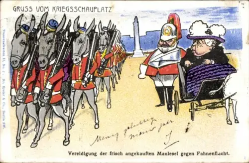 Ak Burenkrieg, Karikatur, Vereidigung der Maulesel gegen Fahnenflucht, Königin Victoria