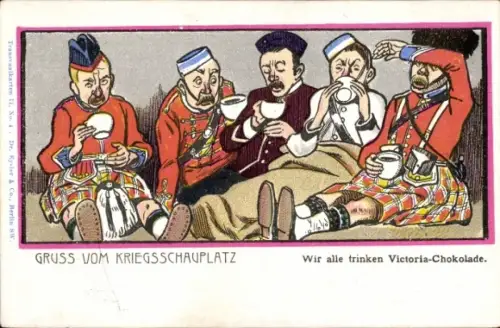 Künstler Ak Gruß vom Kriegsschauplatz, Wir alle trinken Victoria-Chokolade, Burenkrieg