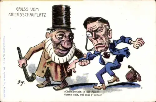 Künstler Ak Gruß vom Kriegsschauplatz, Burenkrieg, Chamberlain in der Falle, Präsident Kruger