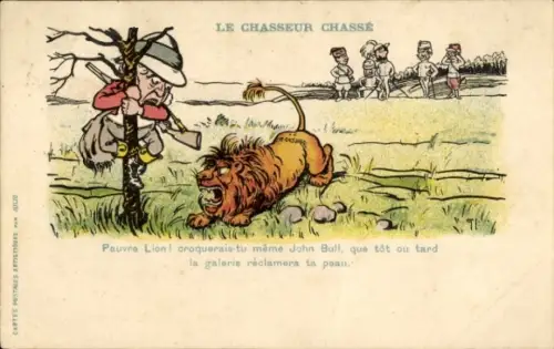 Künstler Ak Burenkrieg, Der Jäger gejagt, Karikatur, John Bull, Löwe