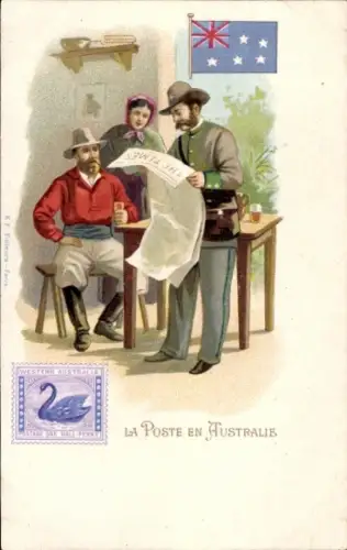 Briefmarken Litho Australian, Post, Postbote liest aus der Zeitung vor