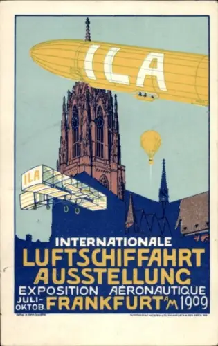 Künstler Ak Internationale Luftschifffahrt-Ausstellung Frankfurt am Main 1909, Zeppelin, Flugzeug