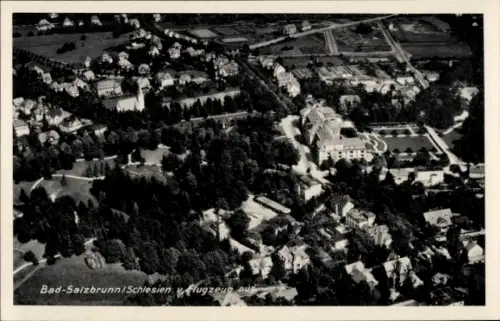 Ak Szczawno Zdrój Bad Salzbrunn Niederschlesien, Luftaufnahme,  Schlesien, Häuser, Bäume, Flugzeu