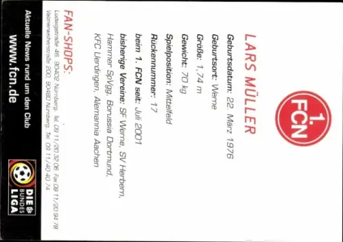 Autogrammkarte Fußballer Lars Müller, 1. FC Nürnberg, Autogramm