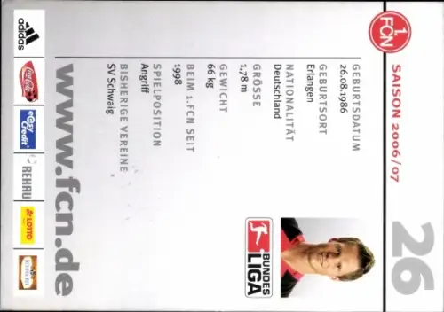 Autogrammkarte Fußballer Christoph Weber, 1. FC Nürnberg, Autogramm