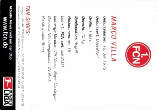 Autogrammkarte Fußballer Marco Villa, 1. FC Nürnberg, Autogramm